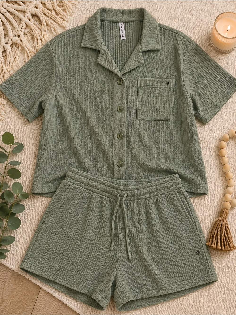 Fabletics Sage Green Textured 2-Piece Button Up & Shorts Set Size M - Picture 1 of 1